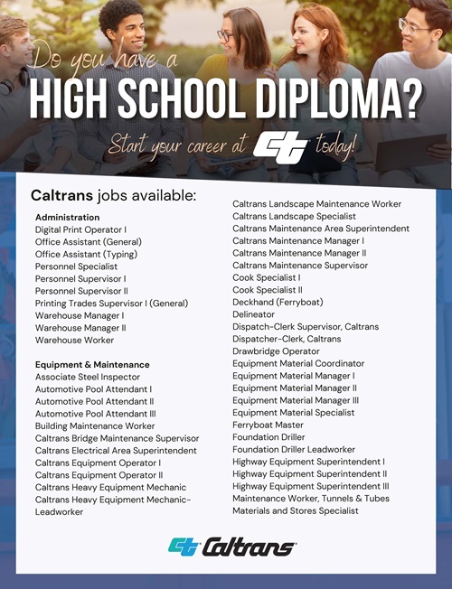 An image detailing the list of Caltrans positions a person with a high school diploma qualifies for.