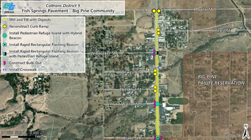 The map shows the features in Big Pine in the Fish Springs Pavement Project.