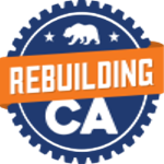 RebuildingCA logo in blue; orange; and white