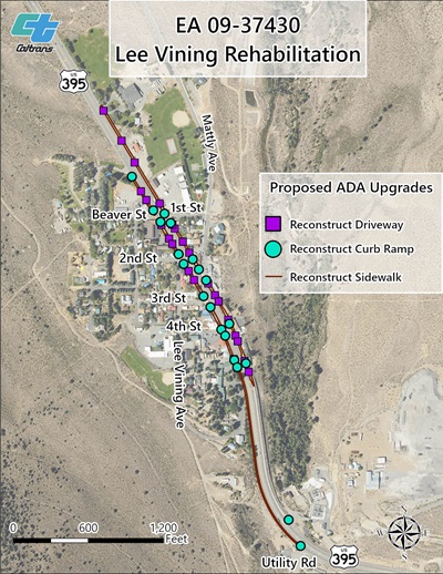 Map of curbs and driveways in Lee Vining Rehab