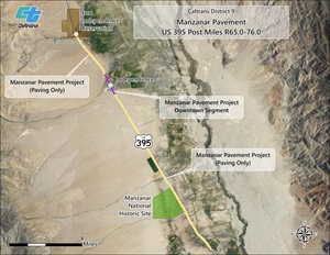 Map showing Manzanar Project boundaries on U.S. 395