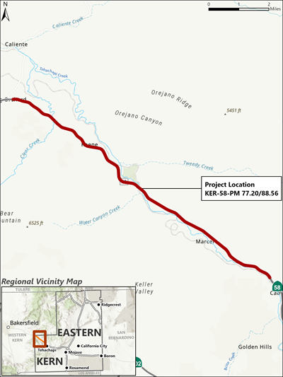 A map that shows the boundaries of the Keene Pavement Project on State Route 58.