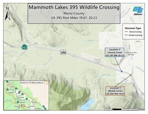 Map showing updated locations within Mammoth Lakes Wildlife Crossing Project