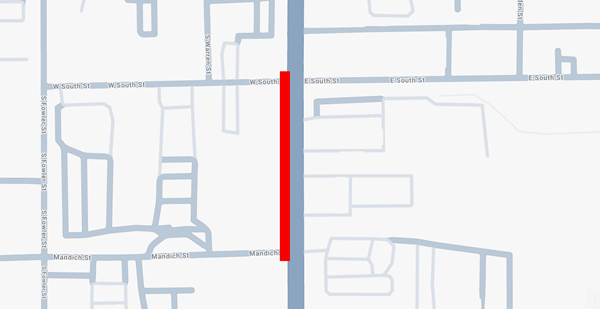 Map of Bishop Pavement Project Work Area 1 shows a red line between Mandich Street and South Street, marking the project area.
