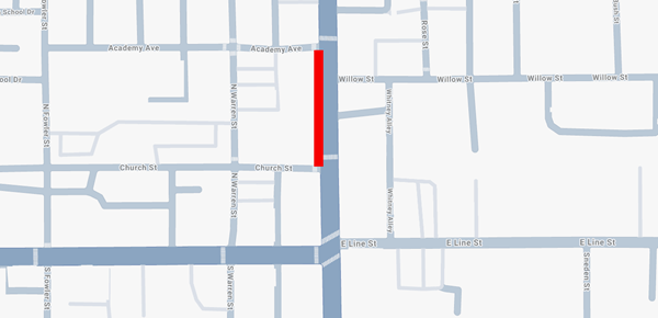 Map of Bishop Pavement Project Work Area 5 shows a red line between Academy Avenue and Church Street, marking the project area.