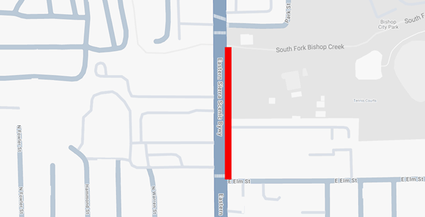 Map of Bishop Pavement Project Work Area 8 shows a red line between East Elm Street and Horace Albright Avenue, marking the project area.