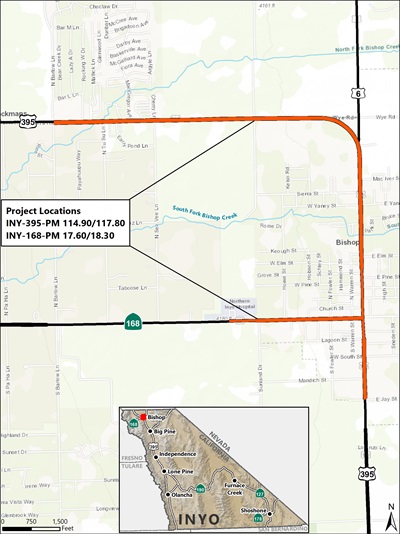 Project map for the Bishop Pavement Project showcasing where on U.S. 395 and State Route 168 the project will happen.