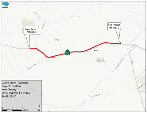 Map showing the location on State Route 58 where the Cache Creek Pavement Project will happen between Tehachapi and Mojave.