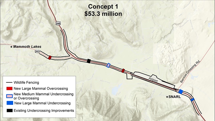 A map showcasing the location of the proposed wildlife crossing under concept 1. Total cost of this project concept is around 53.3 million dollars.
