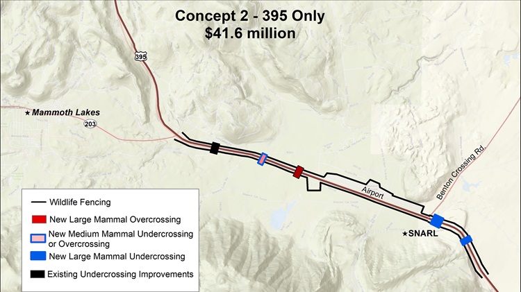 A map showcasing the location of the proposed wildlife crossing under concept 2. Total cost of this project concept is around 41.6 million dollars.