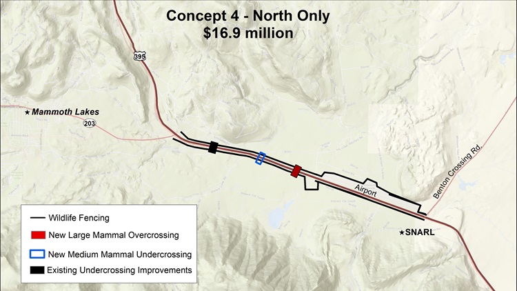 A map showcasing the location of the proposed wildlife crossing under concept 4, which would only cover the northern part of the project area. Total cost of this project concept is around 16.9 million dollars.