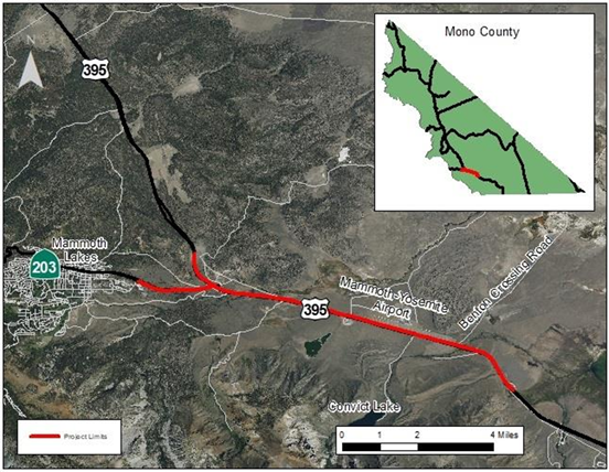A map of U.S. 395 in Mono County showing where a wildlife crossing could be built near the Mammoth Lakes Airport.