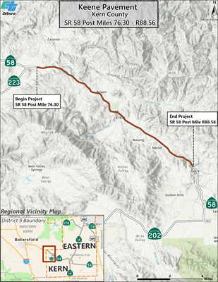 This map shows the boundaries of the Keene Pavement Project on State Route 58