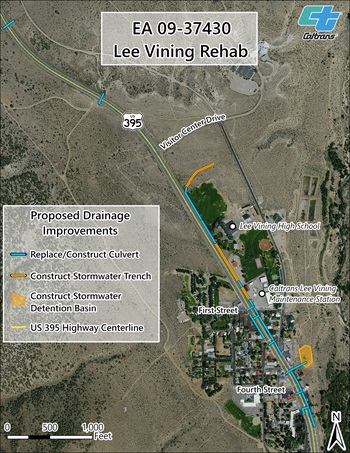 A map showing the drainage improvements on U.S. 395 through Lee Vining as part of the Lee Vining Rehabilitation Project.