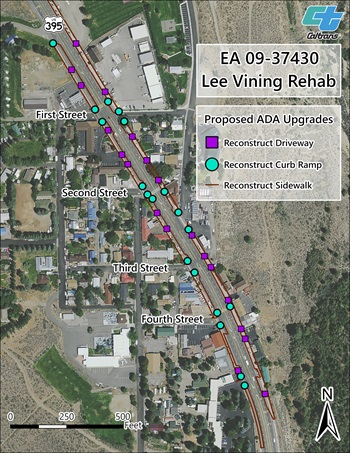 A map showing where curb and ramp improvements will be made on the Lee Vining Rehabilitation Project.