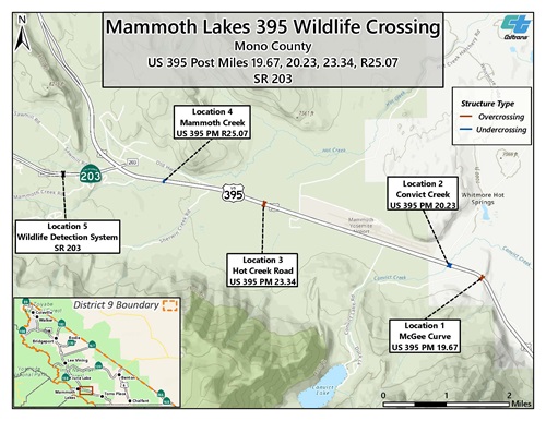A map detailing the crossing points for the Mammoth Lakes Wildlife Crossing Project.