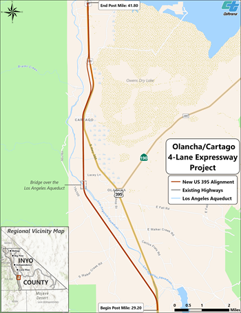 Map detailing the new route for U.S. 395 through the Olancha-Cartago area. The project will begin at postmile 29.20 and end at postmile 41.80. The new route will require a new bridge be built over the Los Angeles Aquaduct.