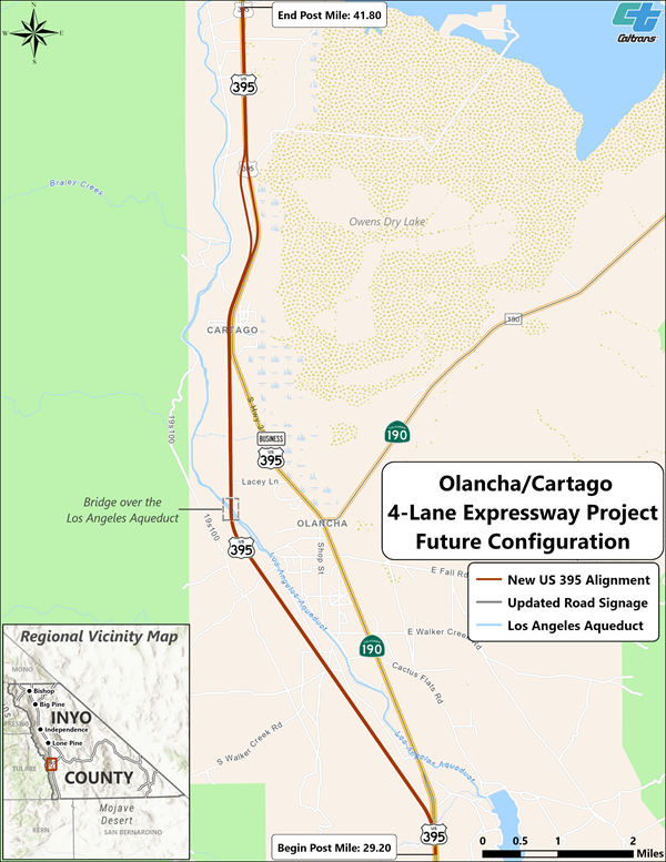 Map showcasing the layout of the Olancha Cartago project; the reconfiguration of State Route 190; and the introduction of Business Route 395.