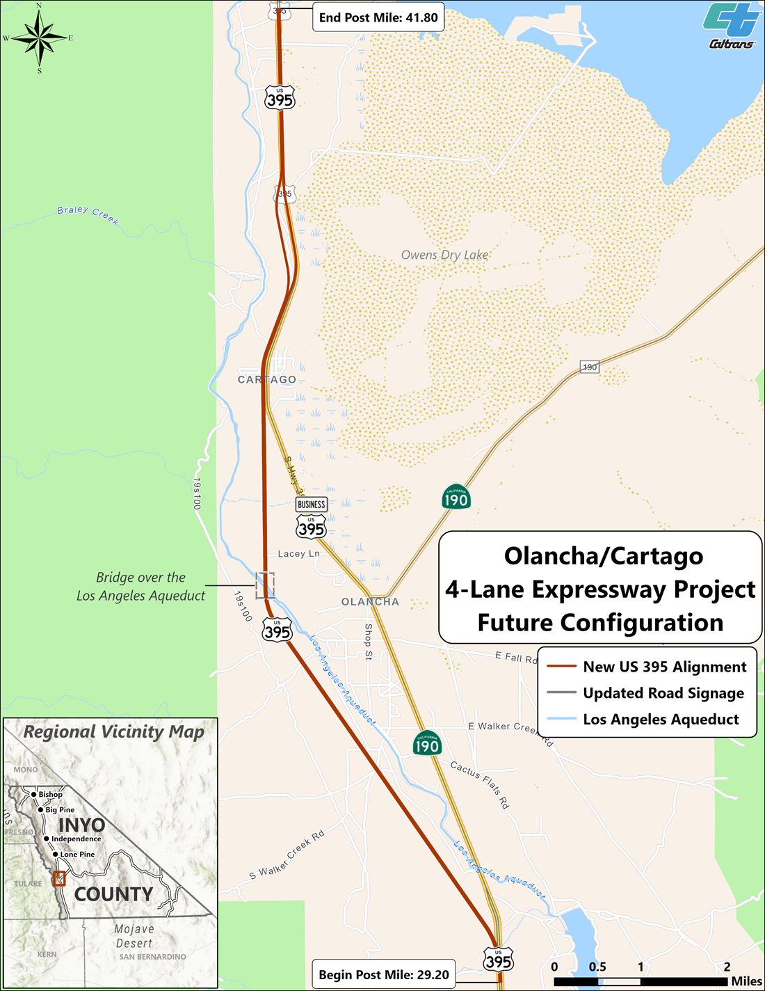 Map detailing the new route for U.S. 395 through the Olancha-Cartago area. The project will begin at postmile 29.20 and end at postmile 41.80. The new route will require a new bridge be built over the Los Angeles Aquaduct.