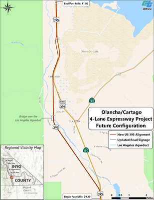 Map detailing the new route for U.S. 395 through the Olancha-Cartago area. The project will begin at postmile 29.20 and end at postmile 41.80. The new route will require a new bridge be built over the Los Angeles Aquaduct.
