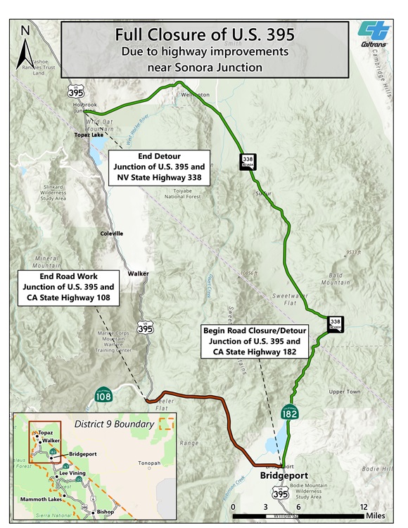 Detour map for the closure of US 395 for the Sonora Junction Shoulders Project