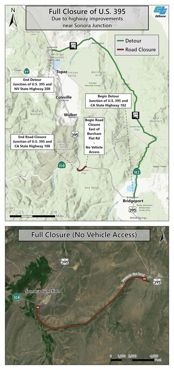 Detour map for the closure of U.S. 395 for the Sonora Junction Shoulders Project.