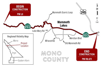 A red line marks the entirety of State Route 203, where the State Route 203 Pavement Project will happen in Mono County.