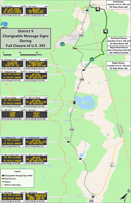 Map of US 395 Closure highlighting what is being broadcast on the CMS Boards for the Sonora Junction Shoulders Project