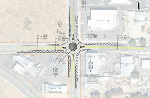 Detailed map showing the potential layout of the roundabout at Wye Road and U.S. 6 in Bishop, CA.