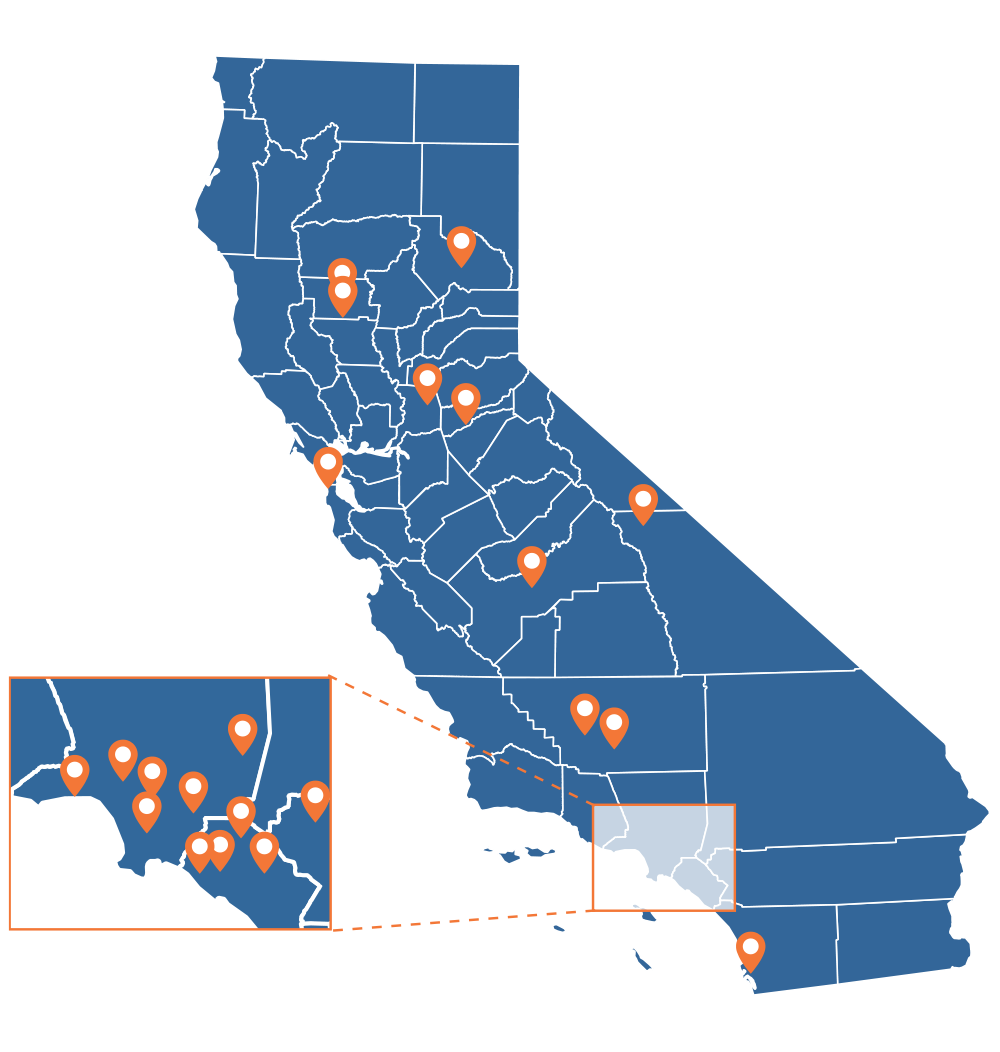 Map of California with various cities highlighted. Mouseover for more details