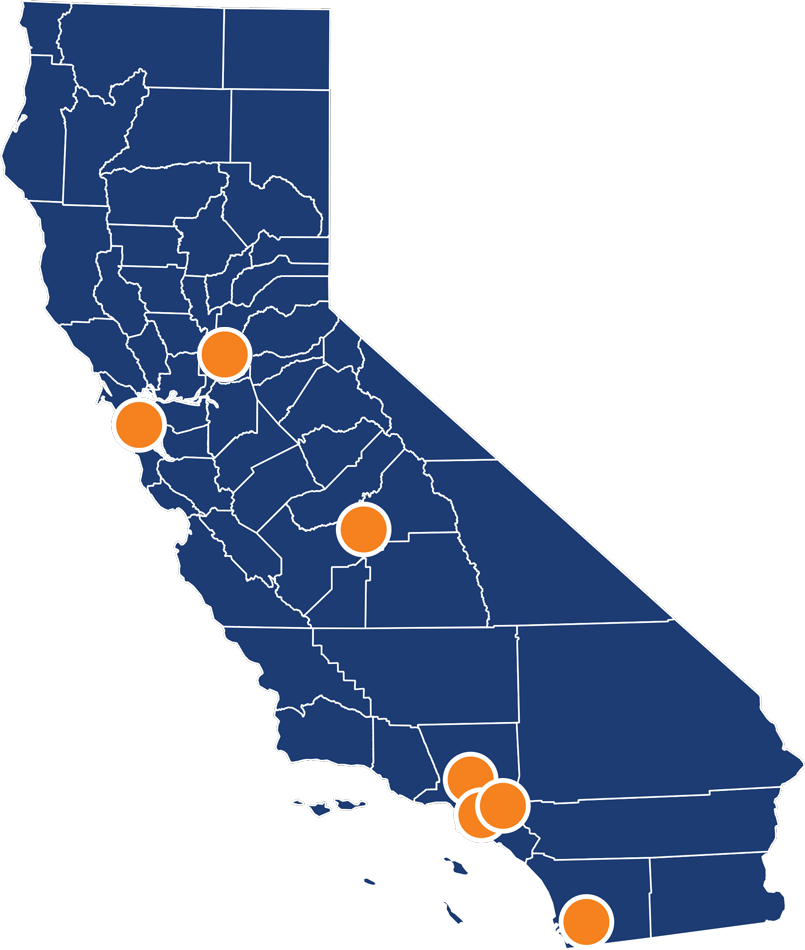 Map of California with pins on Sacramento, San Francisco, Los Angeles, Anaheim, Fresno, San Diego and Long Beach