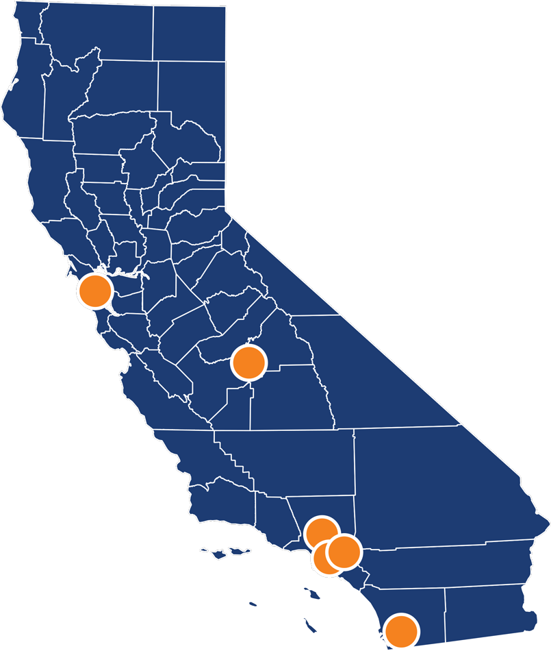 Map of California with pins on San Francisco, Los Angeles, Anaheim, Fresno, San Diego and Long Beach