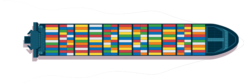 A graphic of a freight ship full of shipping containers
