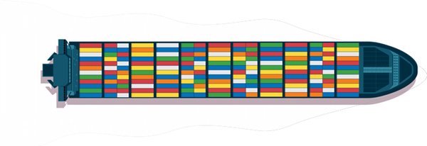 A graphic of a freight ship full of shipping containers