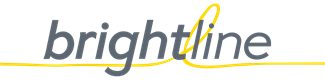 The Brightline logo - a yellow string looped into a cursive lowercase "L" overlayed by the word "brightline" in gray.