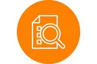 white checklist and magnifying glass icon in an orange circle