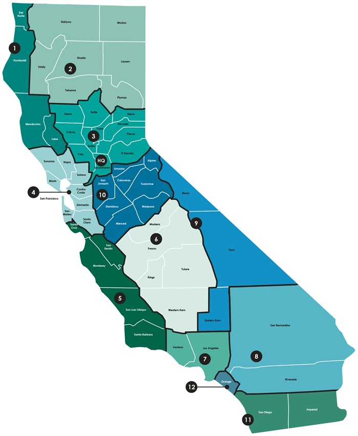 Map of the State of California with each Caltrans District area