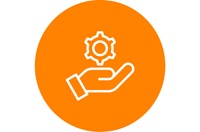 white open palm hand holding gear in an orange circle