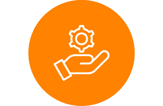 white open palm hand holding gear in an orange circle