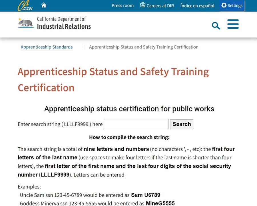 Screenshot of the California DIR site specific the Apprenticeship Status certification search. 