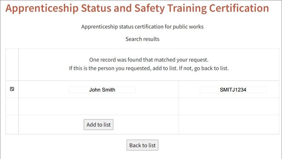 Screenshot of Apprenticeship Status and Safety Training Certification search results.