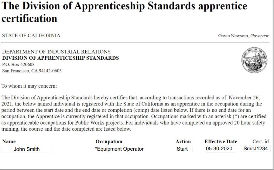 Sample screenshot of an apprentice certification letter.