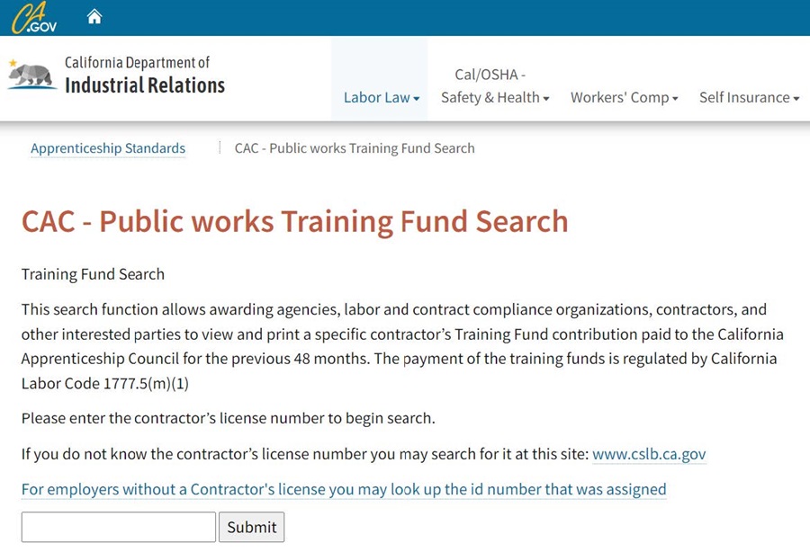 Screenshot of the California DIR site Public Works Training Fund Search page.