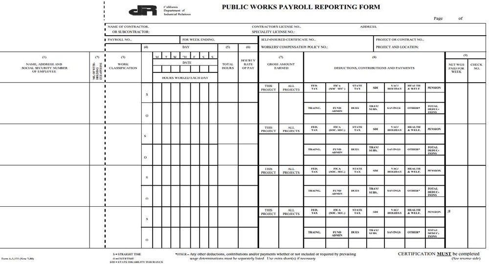 Screenshot of a DIR Certified Payroll Report Form.