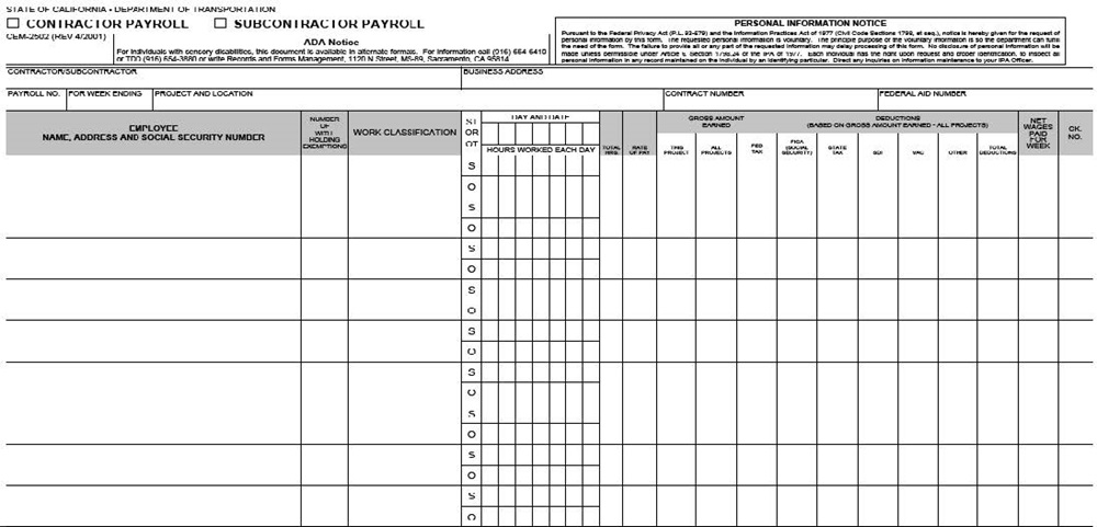 Screenshot of the Caltrans DIR Certified Payroll Report form.