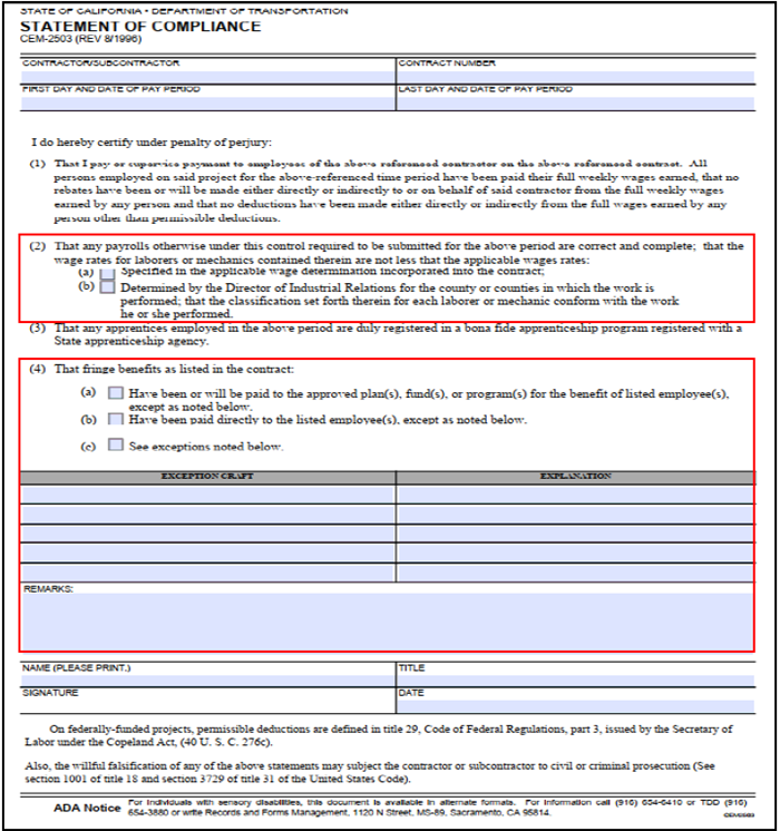 Screenshot of Form CEM-2503, "Statement of Compliance"