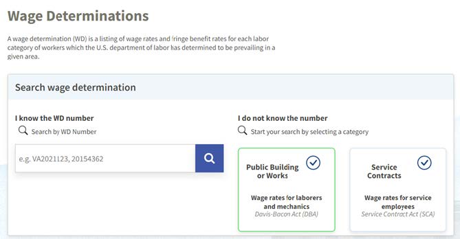 Screenshot of the Wage Determination search page, and selecting Public Building or Works.