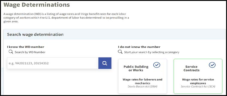 Screenshot of the Wage Determination search page, and selecting Service Contracts.