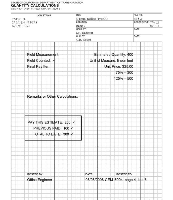 Example of Caltrans' Form CEM-4801 - Quantity Calculations