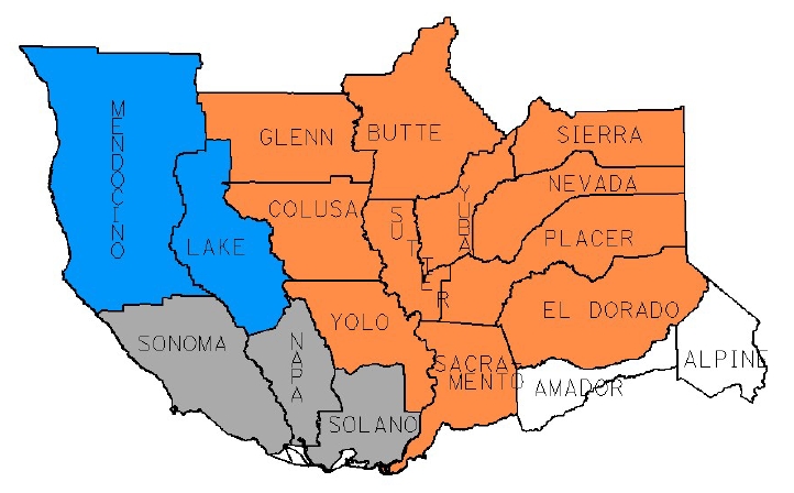 Map outlining counties in Zone 2 which are Mendocino, Sonoma, Lake, Napa, Solano, Glenn, Colusa, Yolo, Sacramento, Sutter, Yuba, Butte, Sierra, Nevada, Placer, El Dorado, Amador, and Alpine